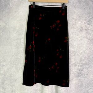 Vtg Y2K Lapis Velvet Midi Skirt sz M dark Romantic black red Floral Whimsigoth